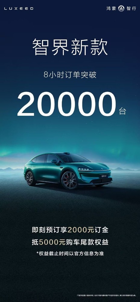 新款智界预售8小时小订突破20000台，提前锁定爆款？